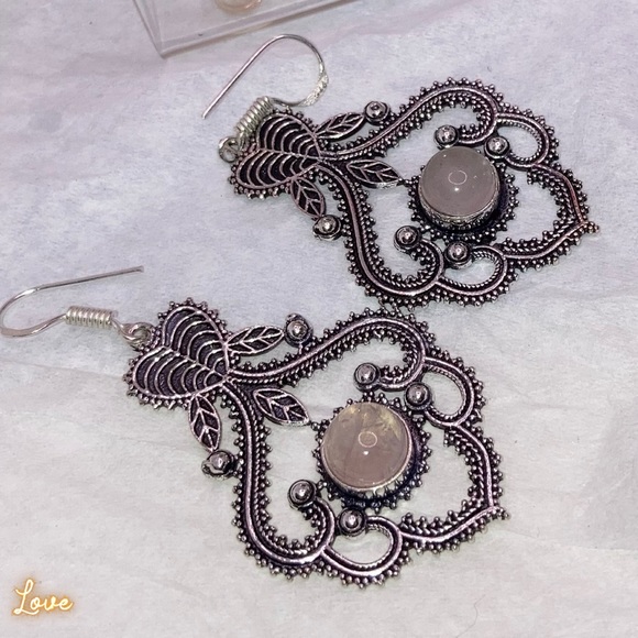 Unique Rose Quartz Gemstone Handmade Antique Style Halo Earrings - Picture 3 of 4